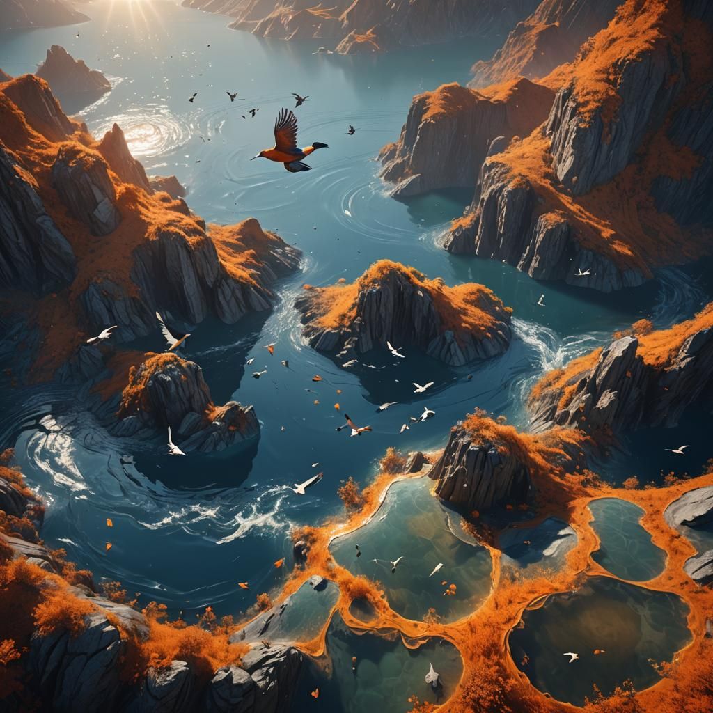 Surreal Mountainous Terrain Submerged in Water
