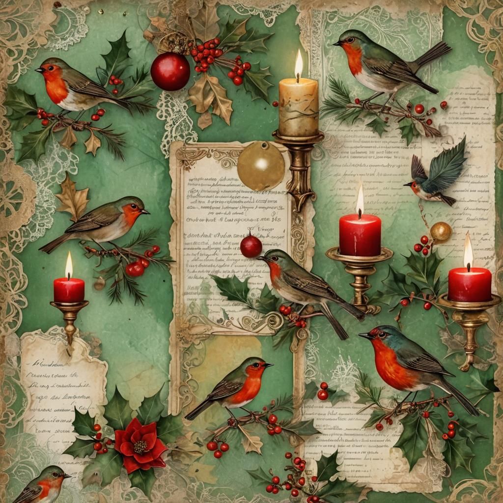 Vintage Christmas Collage with Robins