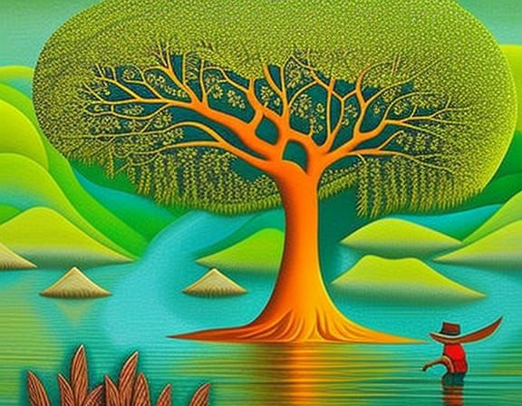 Pilgrim Under Baobab in Mystical Lizard Land