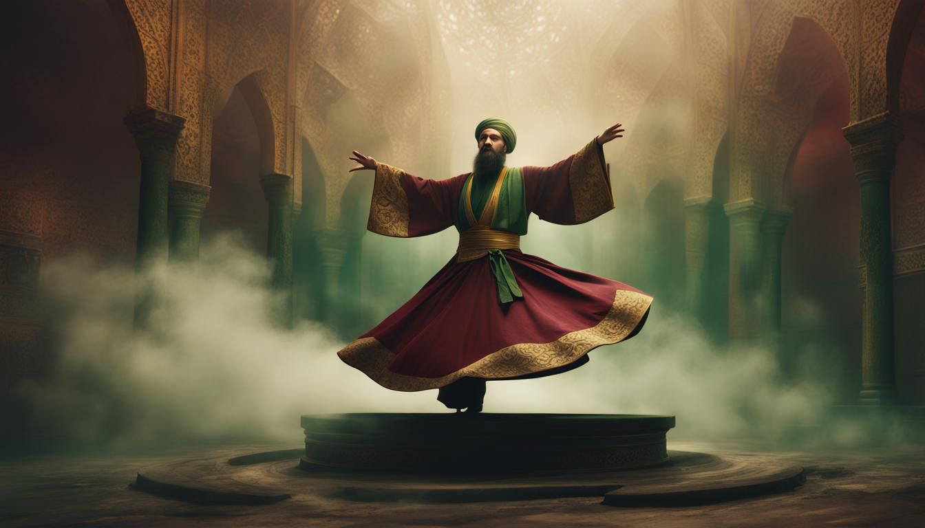 Hyperrealistic Sufi Whirling in Golden Islamic Setting