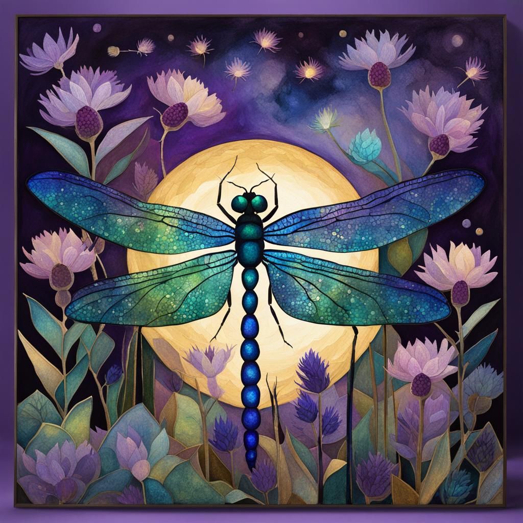 Iridescent Dragonfly in Moonlight with Jewel Tones