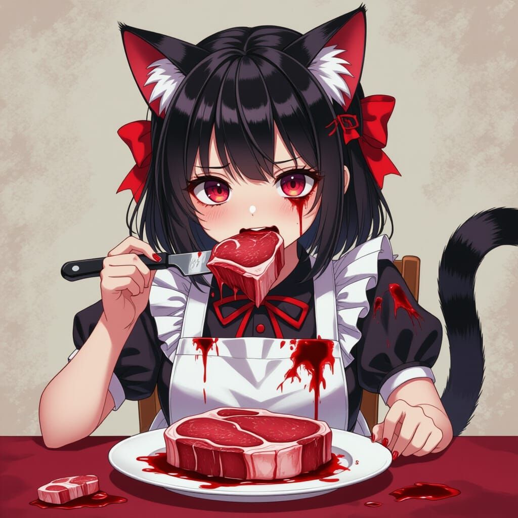 Kawaii Neko Girl Devouring Steak in Anime Horror Style