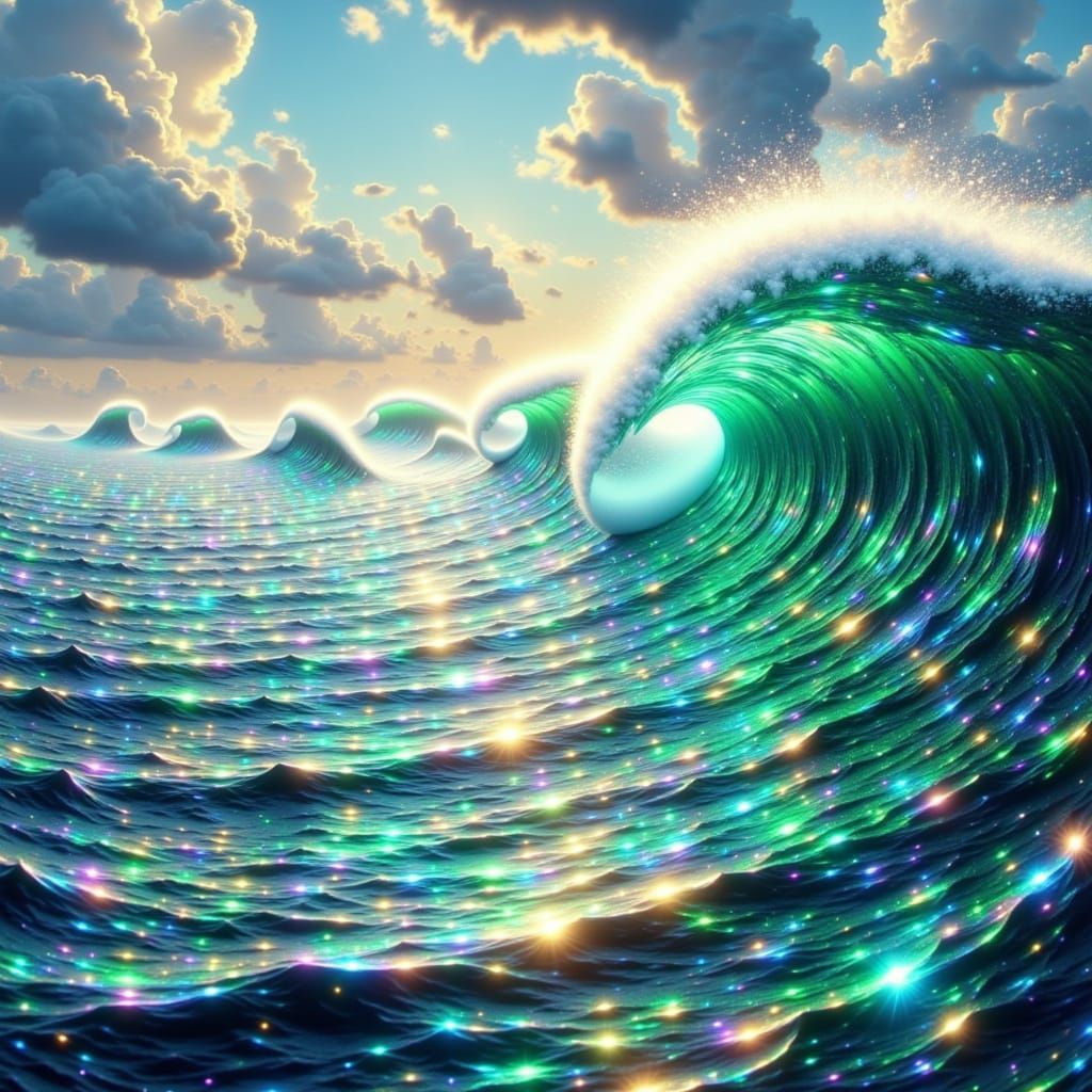 Fractured Glass Ocean Waves in Surreal Collage Style