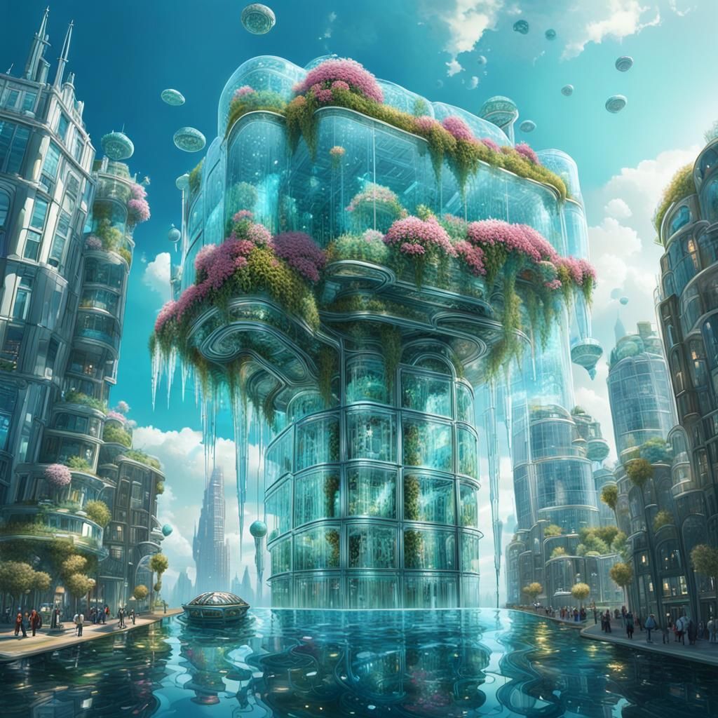 Underwater Flowerpunk Skyscraper in Chromepunk City