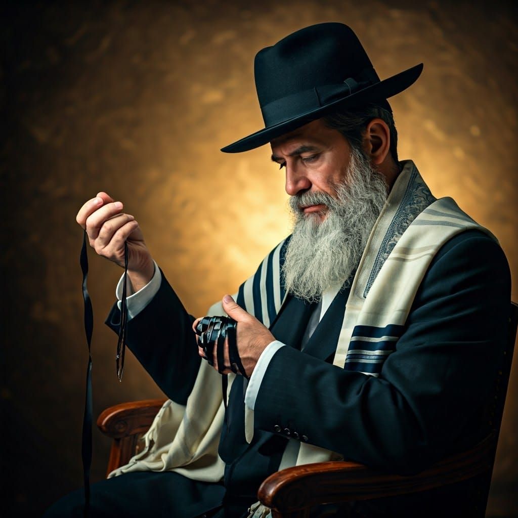 Contemplative Jewish Man Examining Tefillin in Golden Light