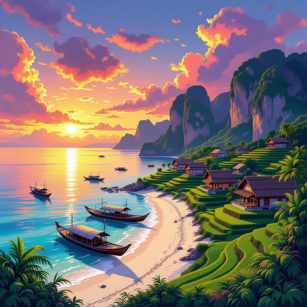 Philippine Village Sunset on Rice Terraces