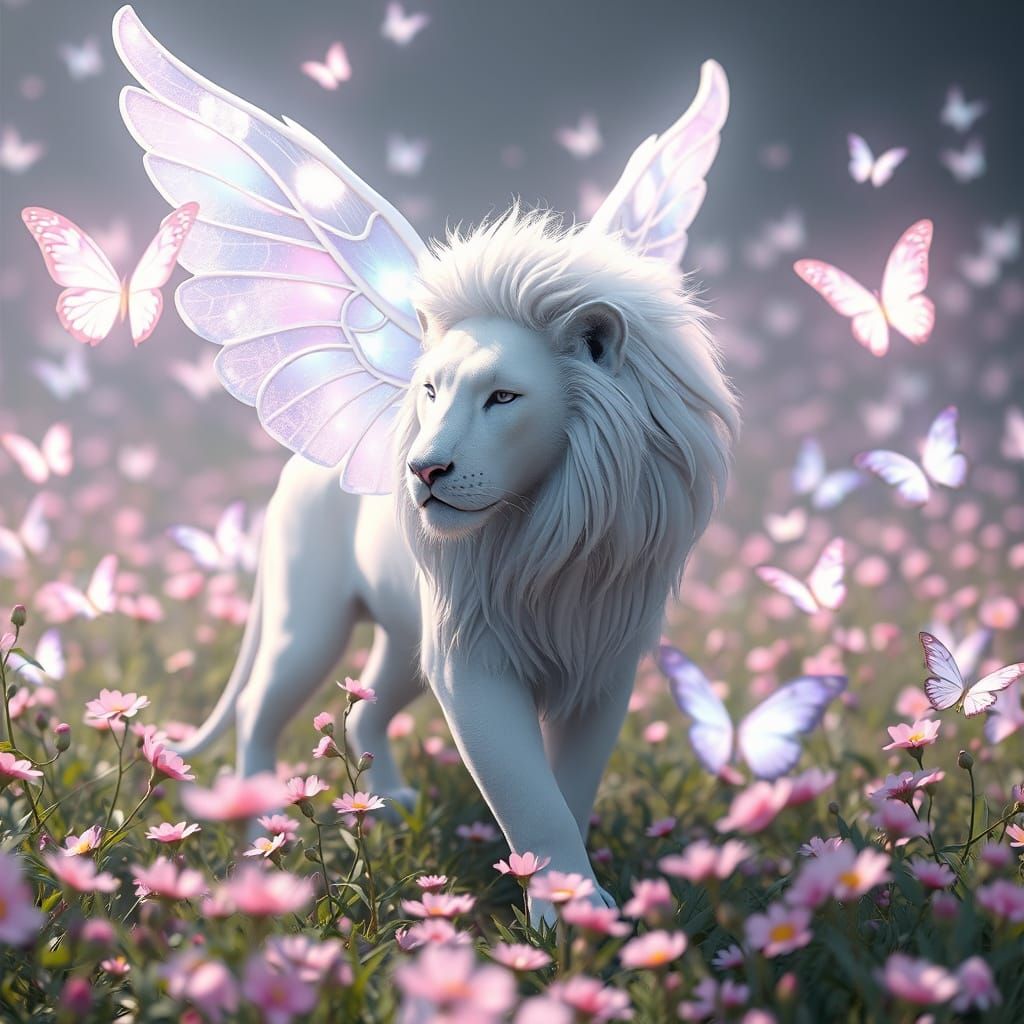 Surreal Anime-Inspired Lion Soars Amidst Glowing Butterflies...