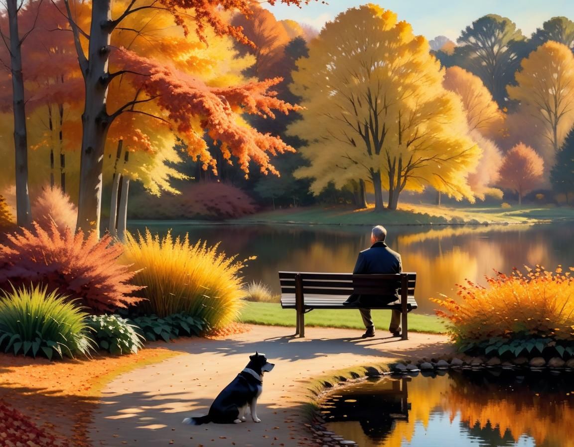 Autumn Serenity: Impressionist Pond Landscape with Dog