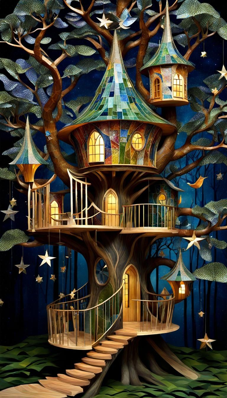 Night Treehouse Dreamscape in Digital Textile Art Style