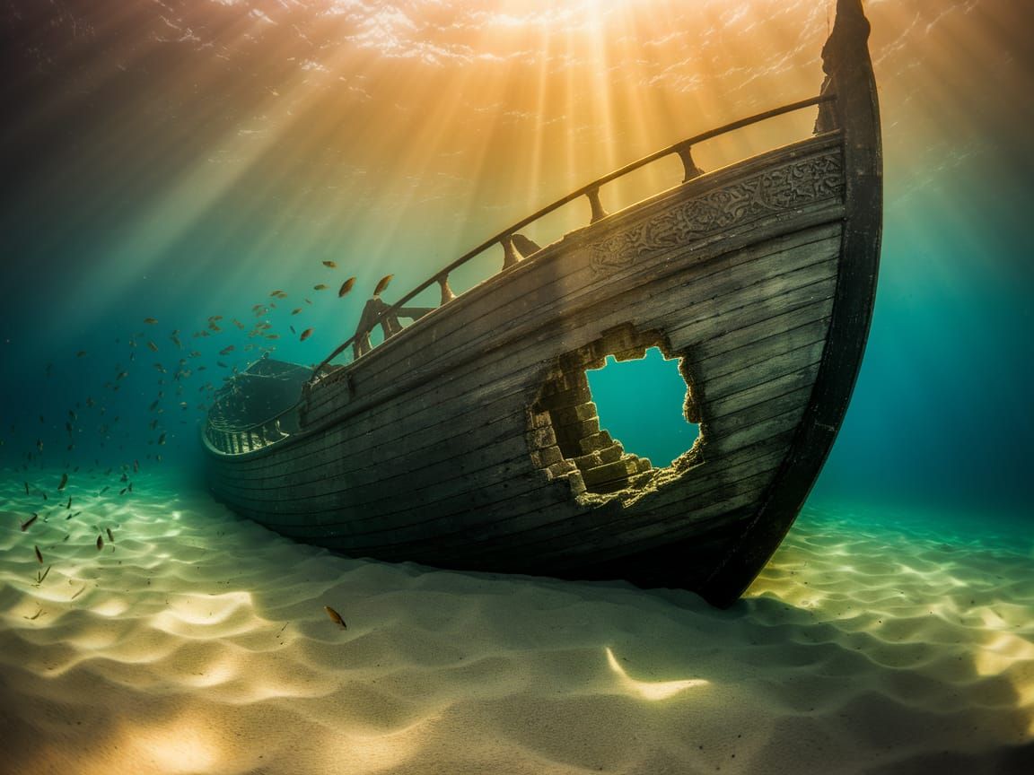 Sailing Ship Wrecked on Seabed in Haunting Underwater Scene
