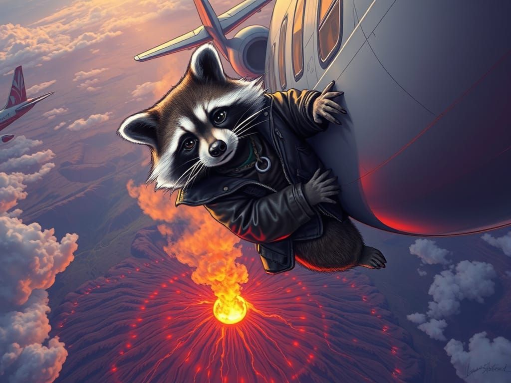 Raccoon's Perilous Flight Above Erupting Volcano