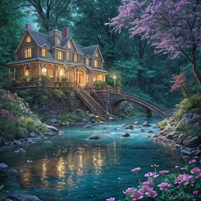 Enchanted Riverfront Estate in Whimsical Hyper Realism