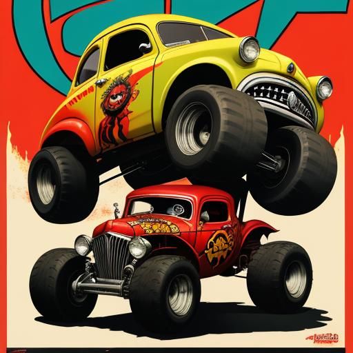 Rat Monster Hot-Rod Truck in Retro Graphic Style