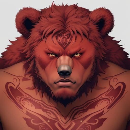 Crimson Tattooed Bear-Man in Anime Style
