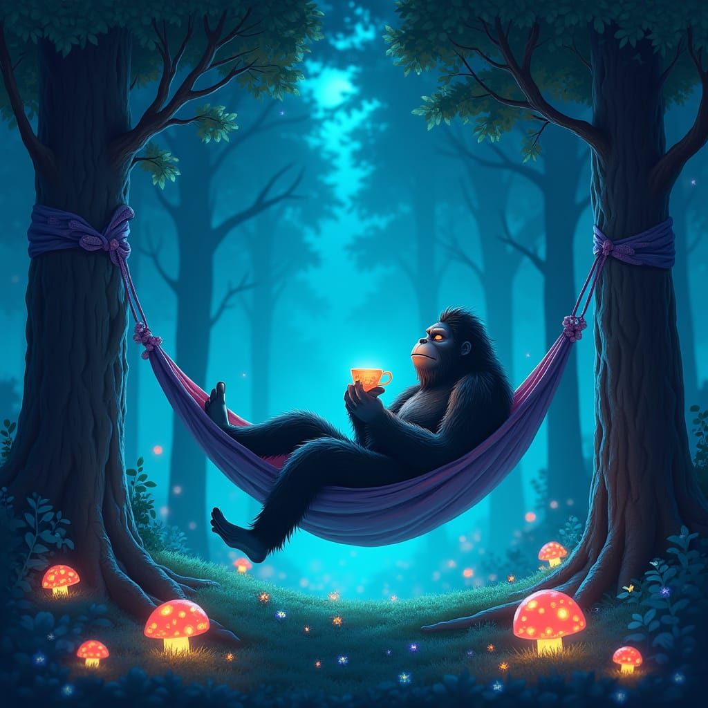 Bigfoot Basks in Bioluminescent Bliss in Whimsical Alien For...