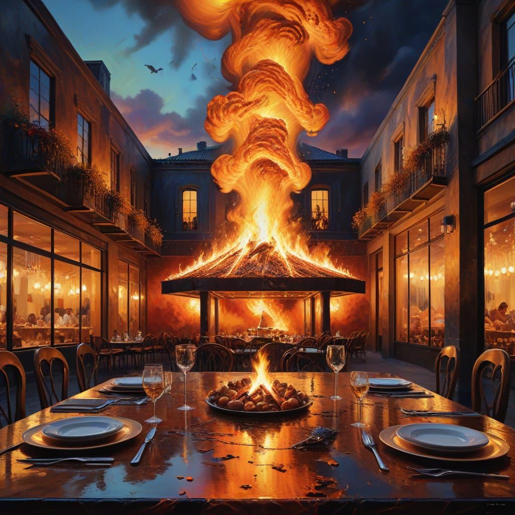 Surreal Shopping Mall Inferno with Shabbat Table in Golden H...