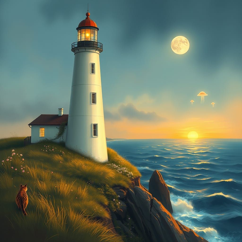 Lighthouse with Cat in Dreamy Painterly Style