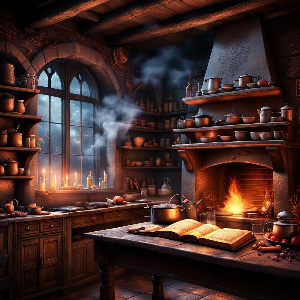 Enchanted Cookbook in Medieval Kitchen, Fantasy Art