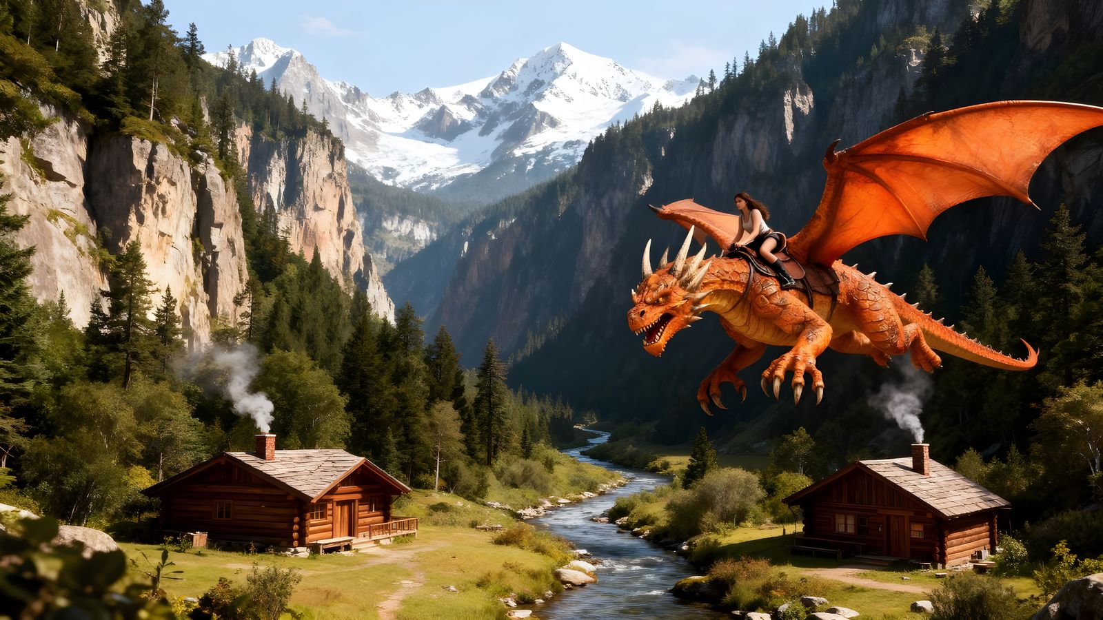 Dragon Rider in Forest Mountain Canyon with Cabins