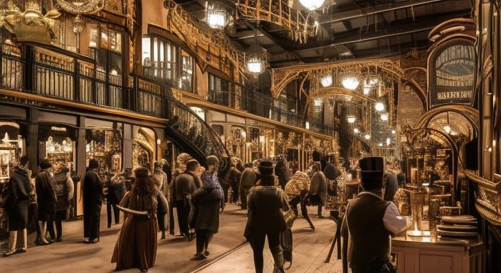 Victorian Steampunk Street Scene with Clockwork