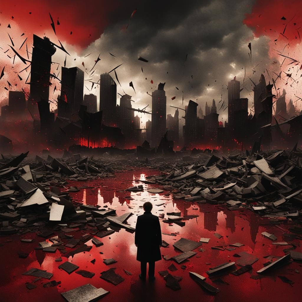 Haunting Album Cover: Shattered Mirror Cityscape