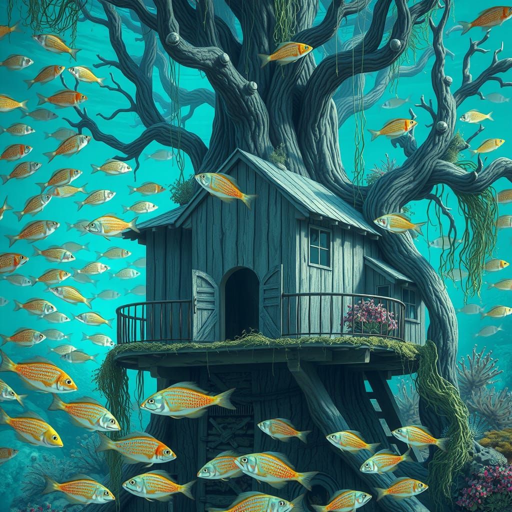 Dreamlike Underwater Treehouse in Ethereal, Symbolic Style