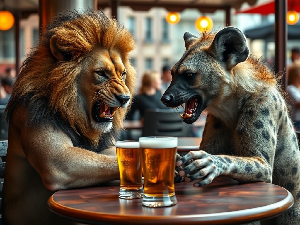 Fierce Lion and Scared Hyena in a Heated Debate Over Beer