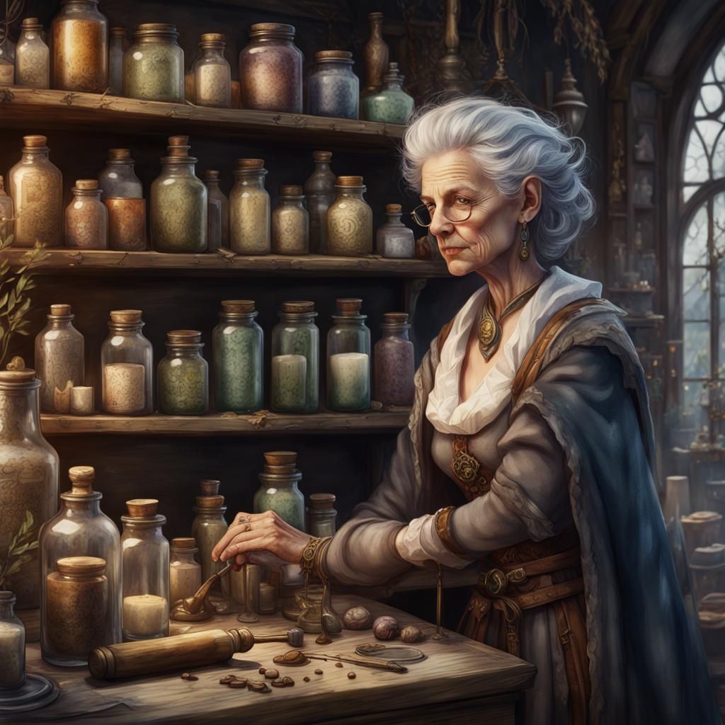 Fantasy Apothecary Portrait in Detailed Watercolor Style