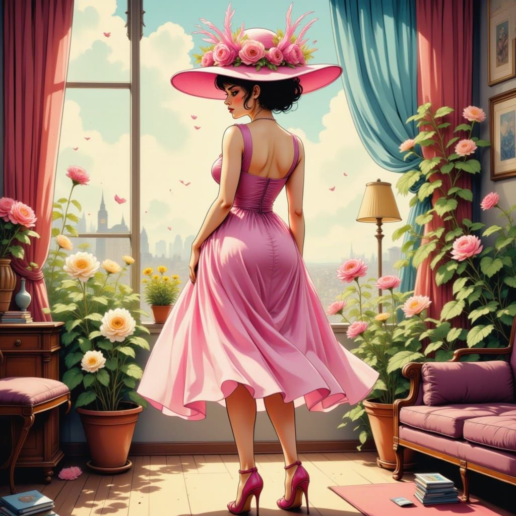 Elegant Lady in Floral Hat, Art Nouveau Style