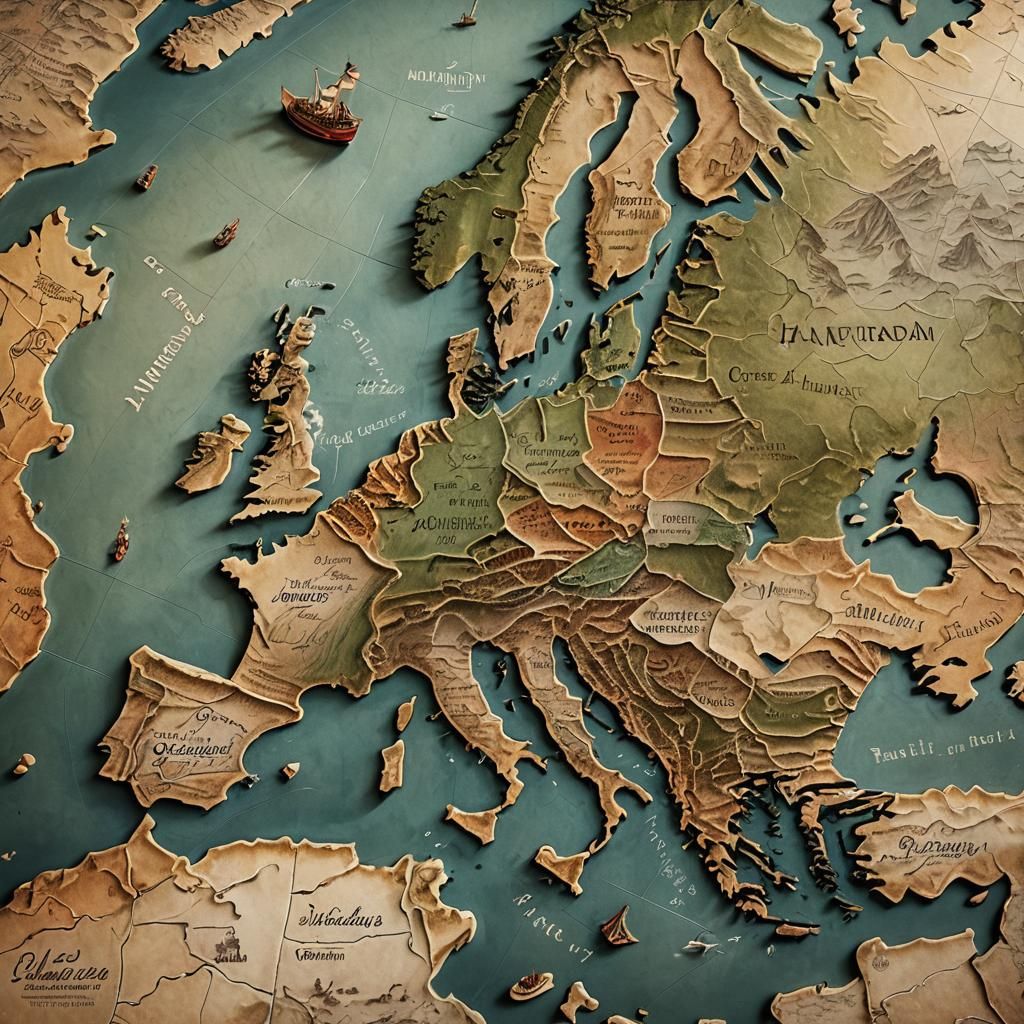 Detailed Map of European Ports in Hyperrealistic Style