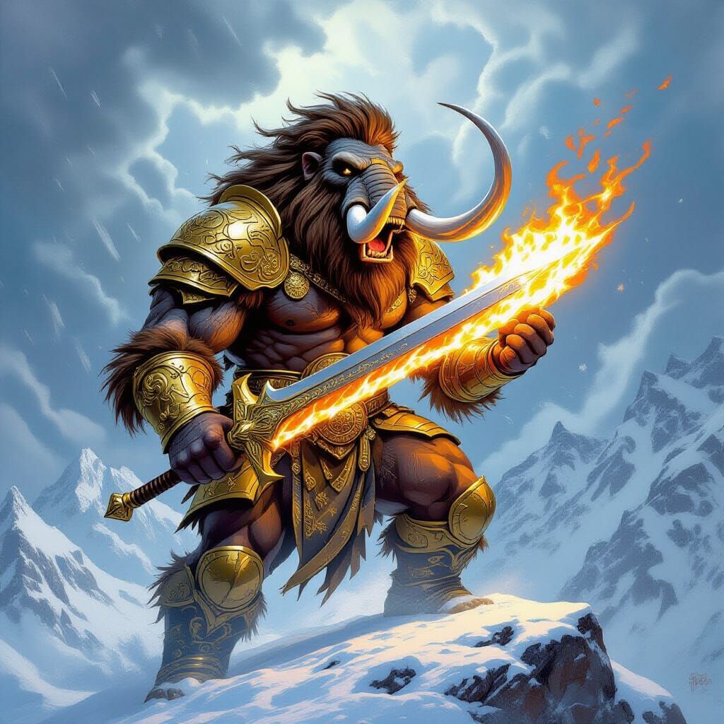 Armored Mammoth with Flaming Sword on Snowy Peak