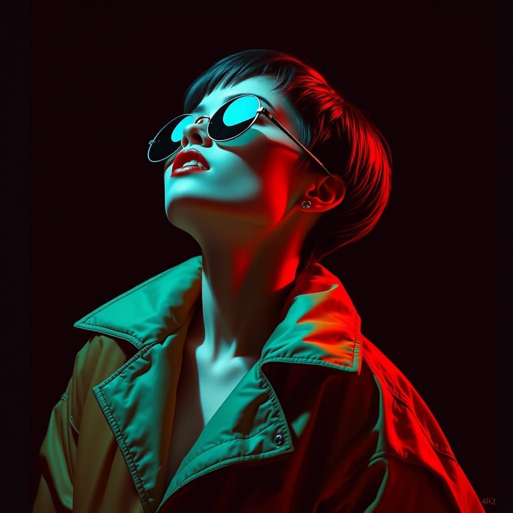 Retro Anime Woman in Teal Light