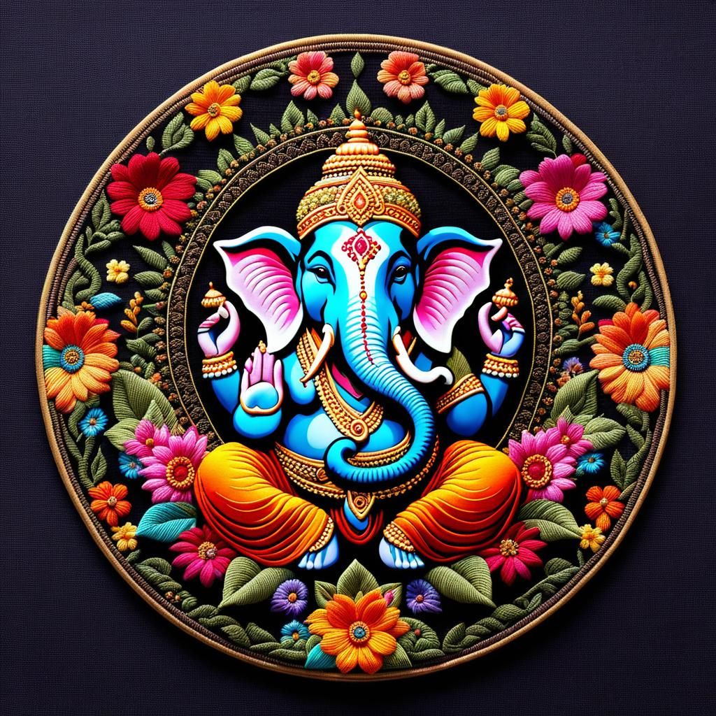 Embroidered Lord Ganesh with Multicolored Flowers