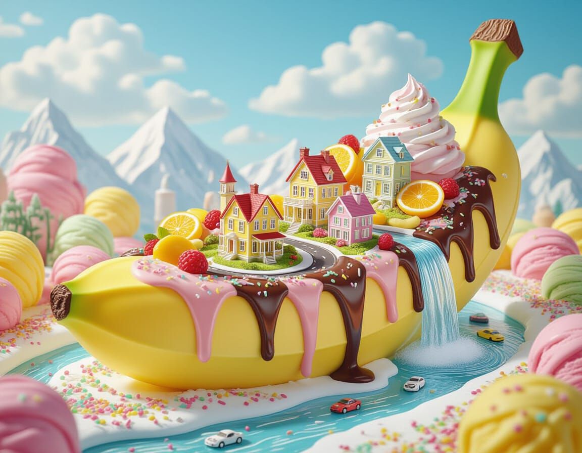 Miniature City in Banana Split with Chocolate Waterfalls