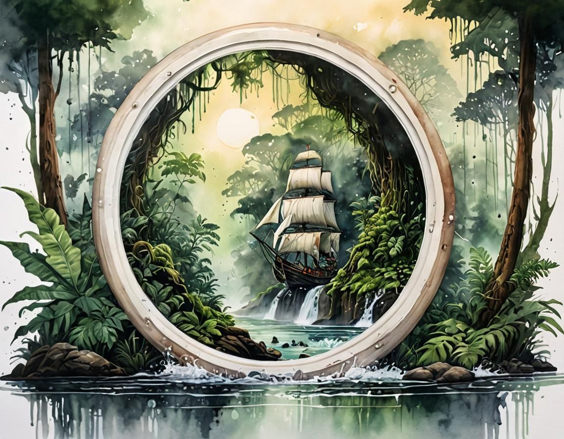 Ship in Bottle: Misty Rainforest Watercolor Splash Art