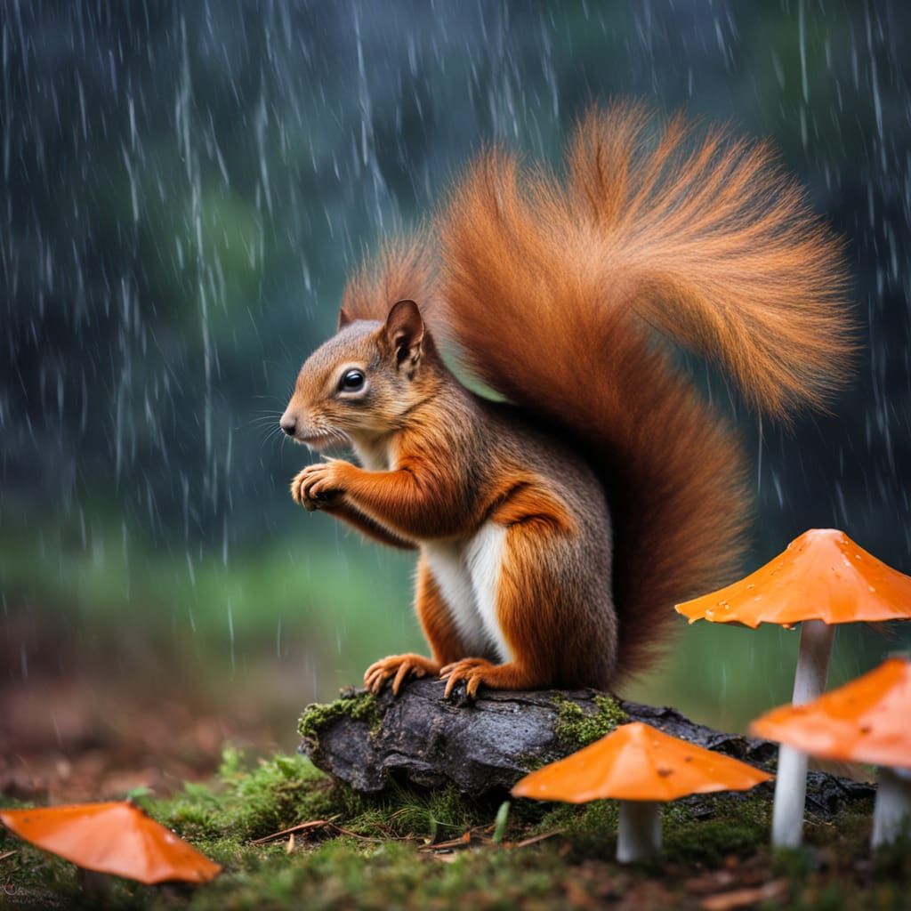 Red Squirrel Seeks Shelter in Summer Rain: Oil Painting