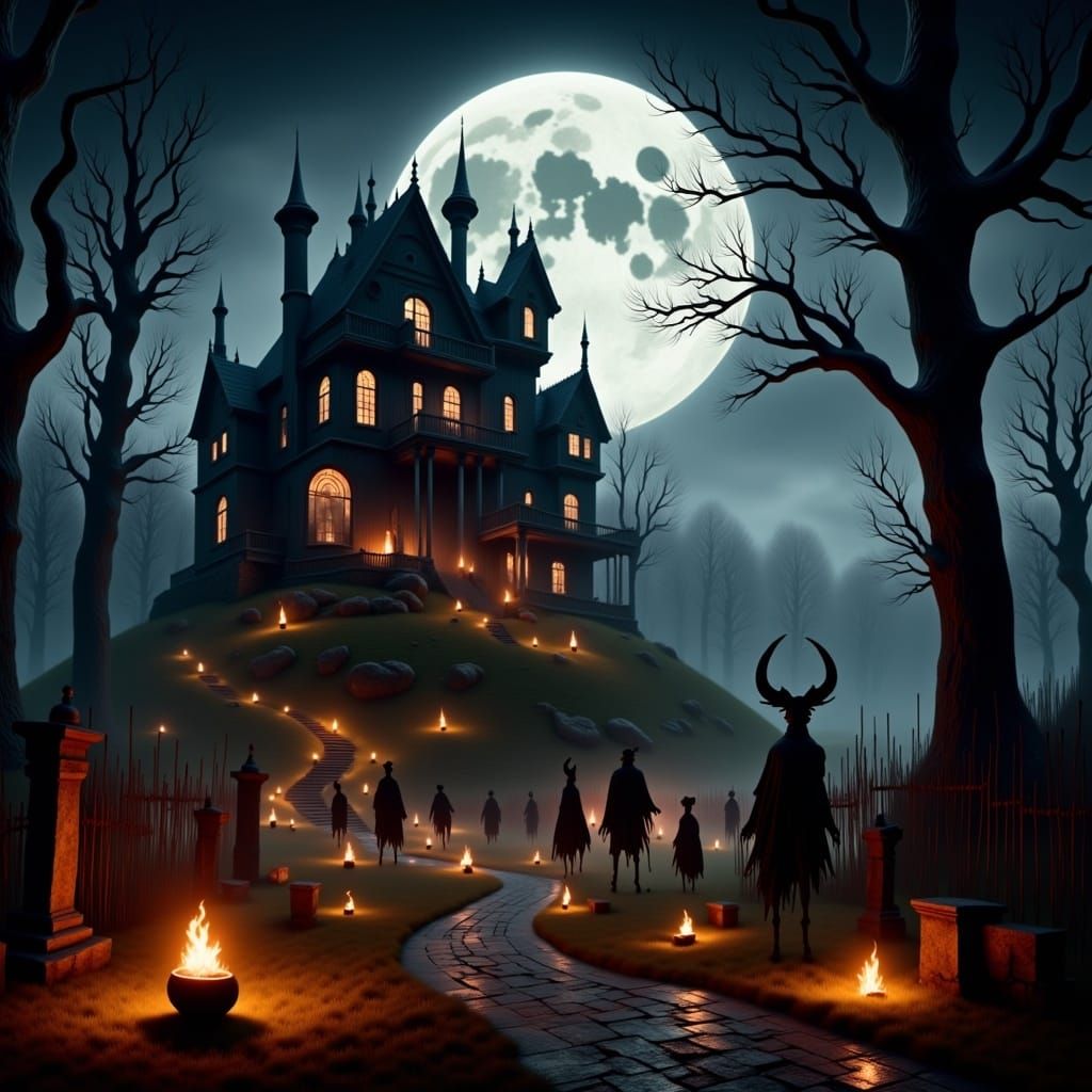 Halloween Party with Skeletons, Witches, and Demons