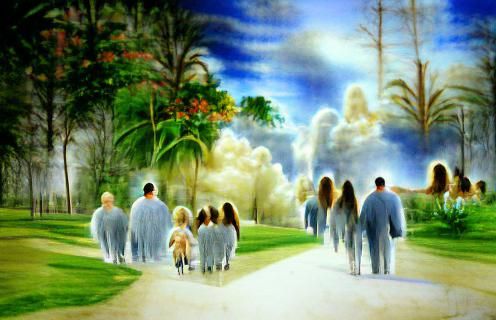 Family Walking with Jesus Christ in Heaven