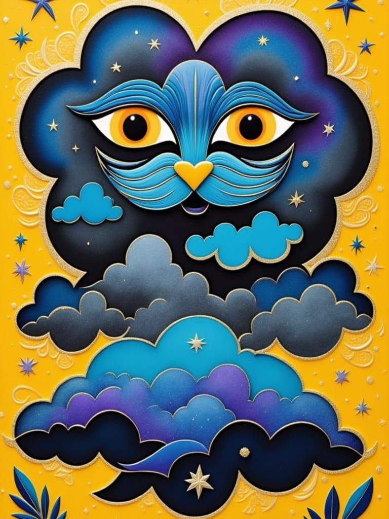 Whimsical Cloud Face in Dreamlike Stormy Skies with Golden B...