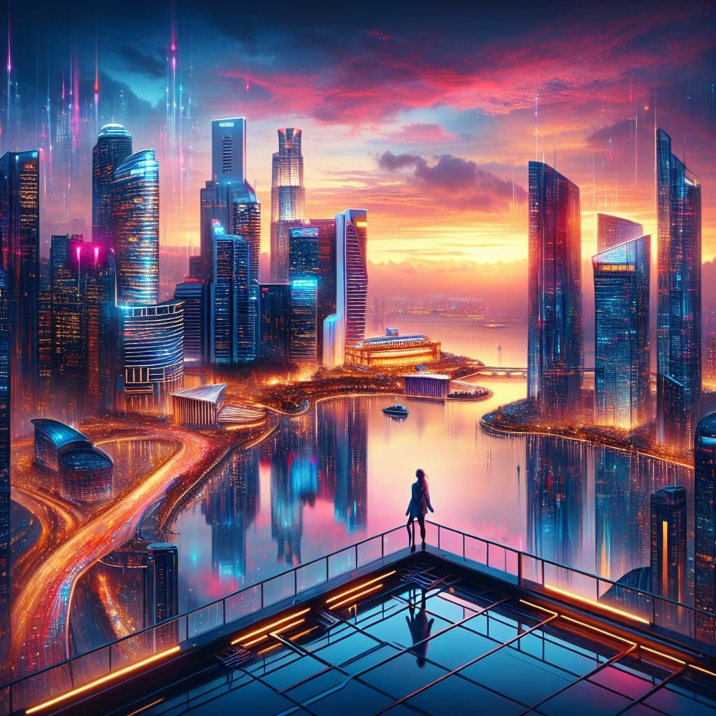 Cyberpunk Impressionist Marina Bay Sands Sunset