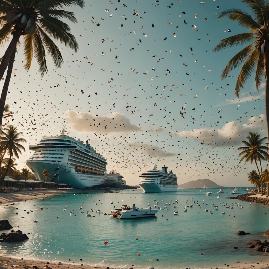 Cruise Ships Sailing to Tropical Resorts: Cinematic Golden H...