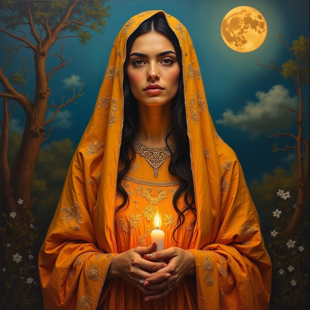 Mary Magdalene in Vibrant Robe with Intricate Golden Embroid...