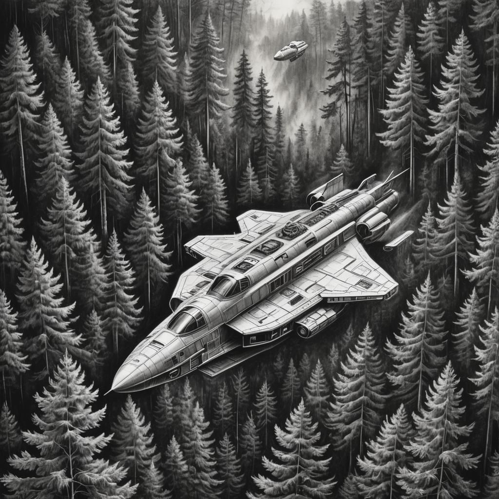 Spaceship Over Forest in Hyperdetailed Charcoal Drawing