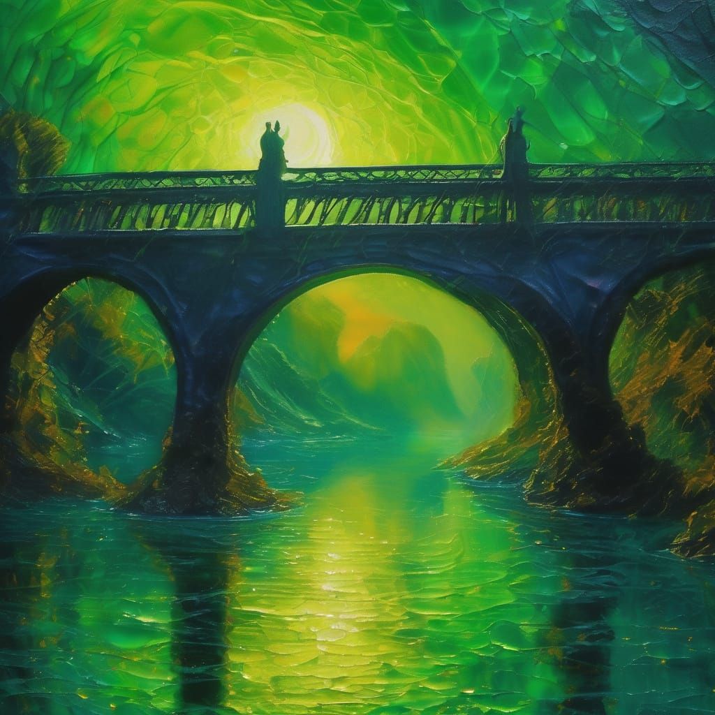 Futuristic Bridge over Glowing River: Impressionist Oil Pain...
