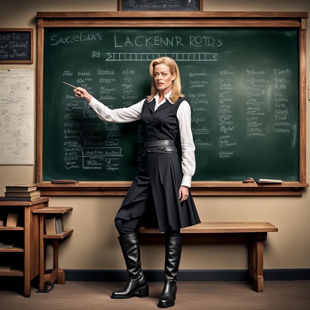 Actress as Strict Teacher Points at Blackboard