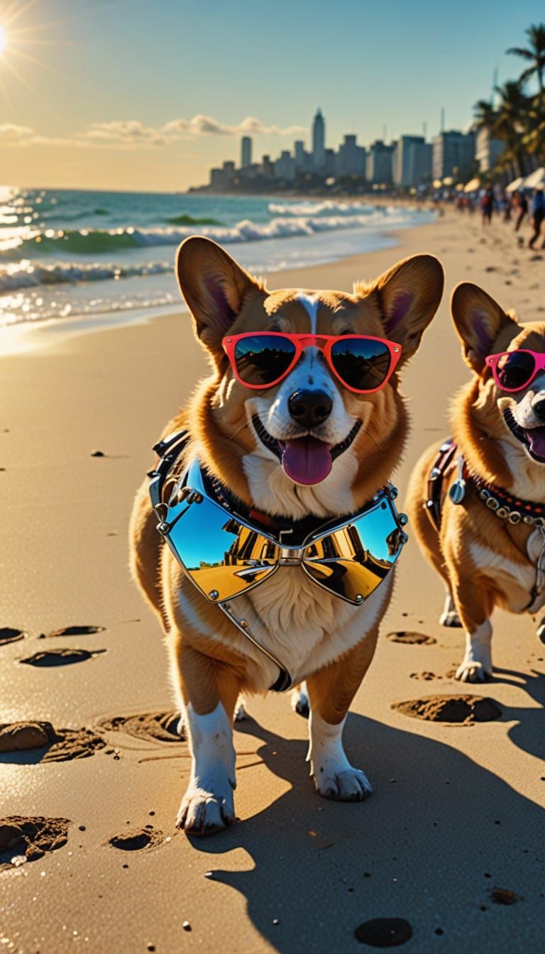 Vibrant Neo-Pop Art of Queen and Royal Corgis on Beach