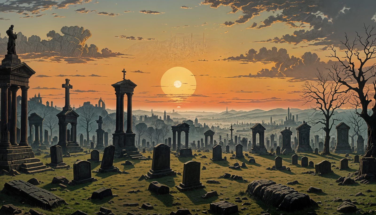 Vast Necropolis at Sunset: Romanticism Style