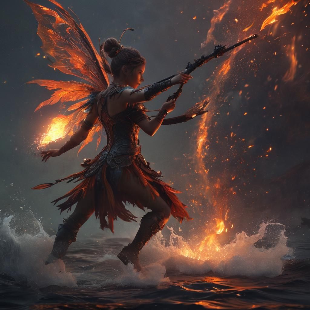 Fire Fairy Captures Flames in Dark Ocean