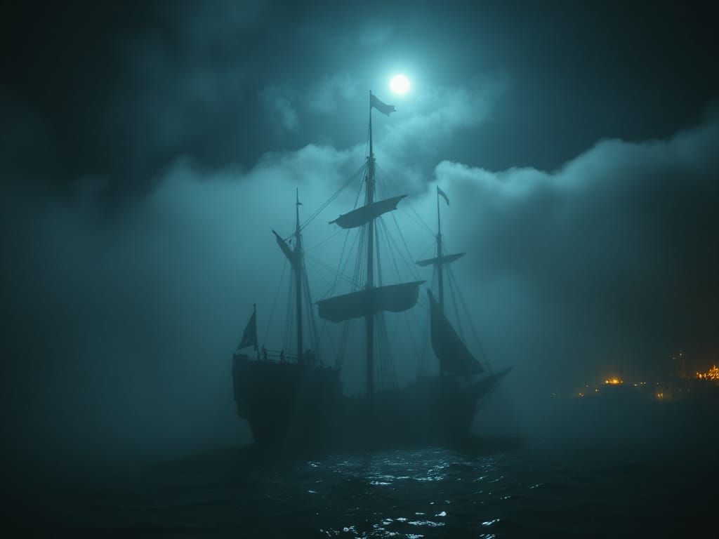 Pirate Ship Sailing Through Fog in Rembrandt Style