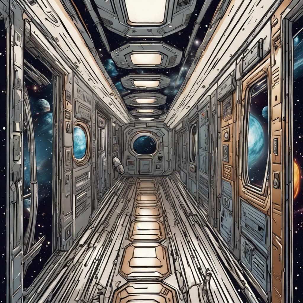 Retro Comic Style Astronauts in Metallic Spaceship